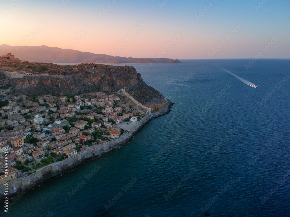 Aerial view of the old medieval castle town of Monemvasia in Lakonia of Peloponnese, Greece. Monemvasia is often called The Greek Gibraltar.