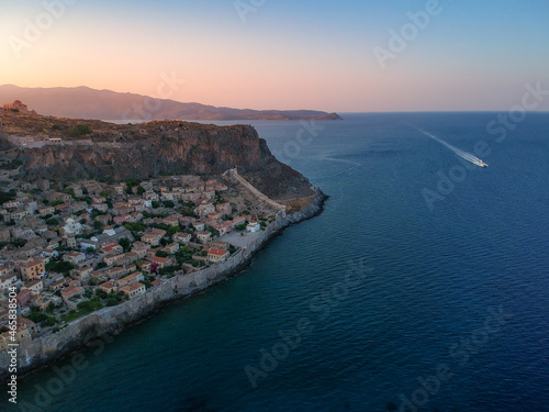 Fototapeta Naklejka Na Ścianę i Meble -  Aerial view of the old medieval castle town of Monemvasia in Lakonia of Peloponnese, Greece. Monemvasia is often called The Greek Gibraltar.