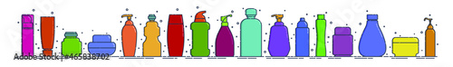 Cosmetic container in row. Body care hygiene. Set blank package bottle. Plastic makeup jar product. Color beauty medicine package. Oil, gel, shampoo. Treatment mockup design. Outline object.
