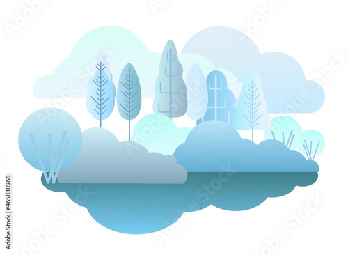Winter forest landscape. Flat style symbolic illustration. Scenery with trees, shrubs and snowdrifts. Rural wildlife. Countryside view with frost. Beautiful art picture. Isolated on white. Vector