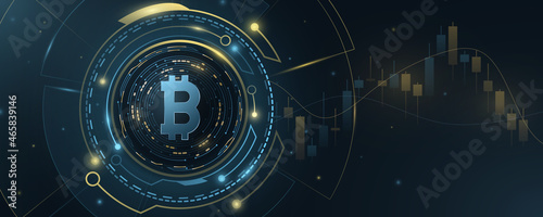 Bitcoin cryptocurrency with HUD. Candlestick pattern. Digital coin BTC for business banner, website or presentation. Futuristic technology concept. Blockchain for graphic design. Vector