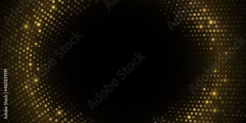 Abstract golden glittering background. Halftone effect. Luxurious glowing dots circle. Festive round frame for graphic design. Vector illustration