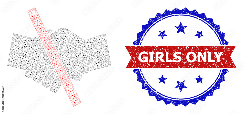 Girls Only corroded seal print, and resrtricted handshake icon net model. Red and blue bicolored seal has Girls Only text inside ribbon and rosette. Abstract flat mesh resrtricted handshake,