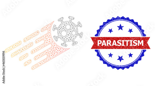 Parasitism scratched seal, and rush virus icon mesh structure. Red and blue bicolored stamp seal has Parasitism text inside ribbon and rosette. Abstract 2d mesh rush virus, built from flat mesh.