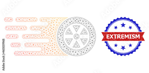 Extremism corroded stamp, and rush wheel icon mesh model. Red and blue bicolor stamp has Extremism title inside ribbon and rosette. Abstract 2d mesh rush wheel, created from triangular grid.