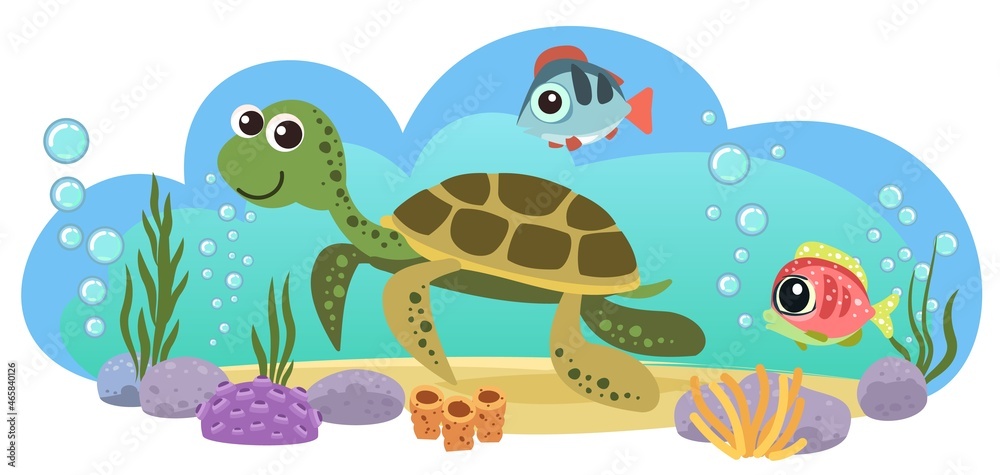 Naklejka premium Turtle and fishes. Little landscape. Underwater life. Wild animals. Ocean, sea. Summer water. Isolated on white background. Illustration in cartoon style. Flat design. Vector art
