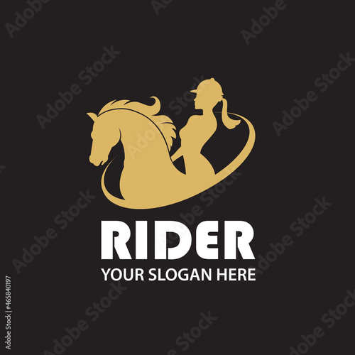 monochrome icon of horse and woman isolated on black background