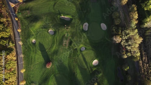 Aerial view of a short hole golf course at autumn sunset. Frolunda, Sweden. photo