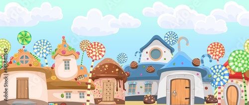 Candy town. Sweet caramel fairy house. Summer cute landscape. Seamless horizontal Illustration in cartoon style flat design. Picture for children. Vector