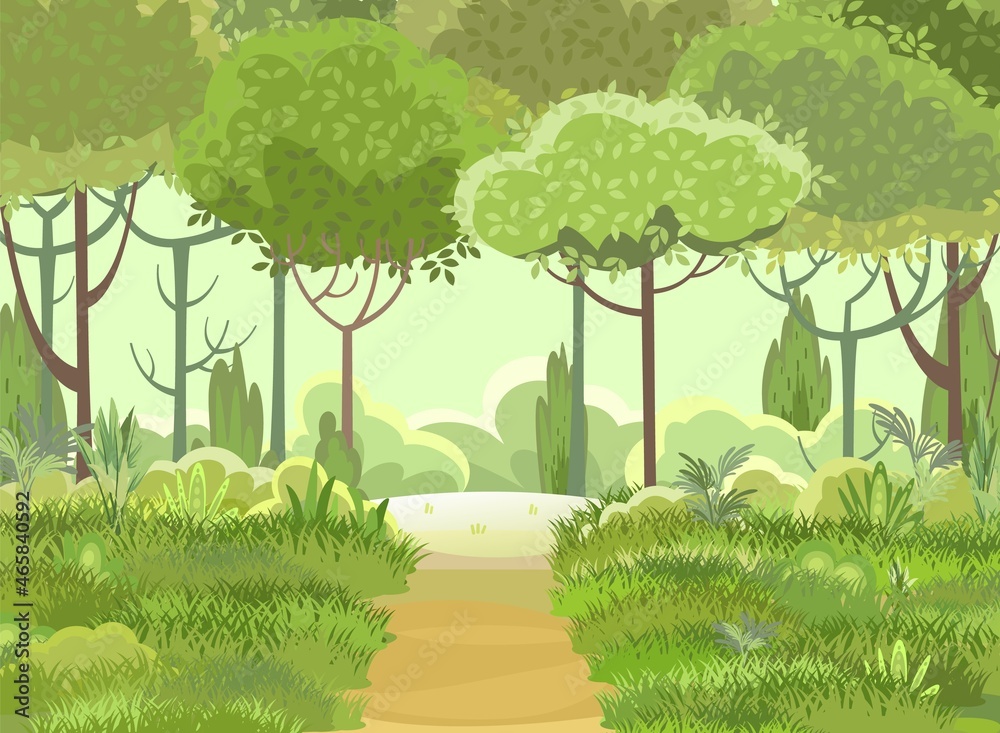 Road. Amusing beautiful forest landscape. Distant horizon. Cartoon style. The path through the hills with grass. Trail. Cool romantic pretty. Flat design illustration. Vector art