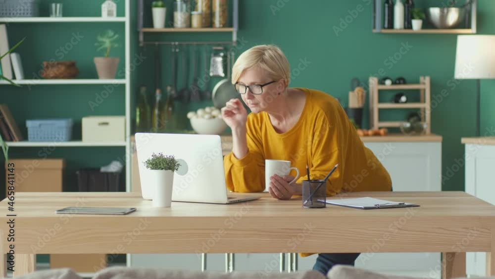 A Woman Freelancer Works at a Computer at Home, Looks Through Work Files, Makes Notes. Business Training, Live Webinar, Social Distance Learning. Modern Technologies and Remote Work. A Woman Freelancer Works at a Computer at Home, Looks Through Work Files, Makes Notes. Business Training, Live Webinar, Social Distance Learning. Modern Technologies and Remote Work.