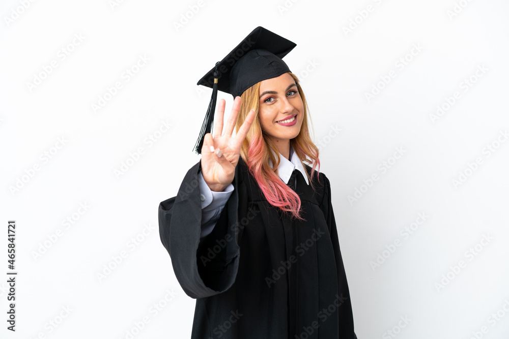 Young university graduate over isolated white background happy and counting three with fingers Young university graduate over isolated white background happy and counting three with fingers