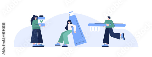 Flat people with dental supplies. Dentistry concept. Vector illustration.