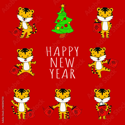 Vector Set of tigers in different poses. New year tiger character. Tiger with gift box and bag. Christmas postcard 