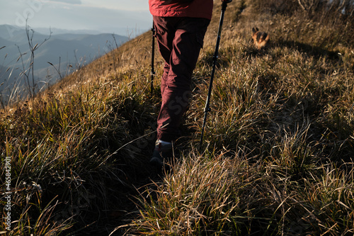 Trekking route in national park. Rear view of feet in boots and hiking sticks. Character is out of focus. Female traveler walks along narrow path on top of mountain among tall yellow dry grass.
