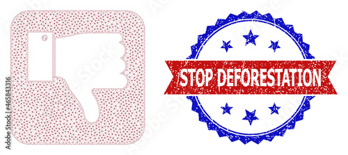 Stop Deforestation corroded seal, and thumb negative icon mesh structure. Red and blue bicolor stamp seal has Stop Deforestation caption inside ribbon and rosette. Abstract flat mesh thumb negative,
