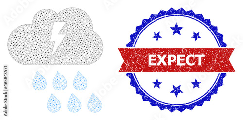 Expect grunge seal, and thunderstorm icon polygonal model. Red and blue bicolored seal includes Expect text inside ribbon and rosette. Abstract flat mesh thunderstorm, designed with polygonal grid.