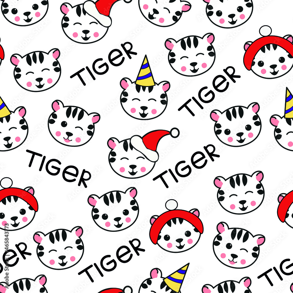 Tigers, cute, cartoon hand drawn vector seamless pattern isolated on bright background. Concept for wallpaper, cards, print Tigers, cute, cartoon hand drawn vector seamless pattern isolated on bright background. Concept for wallpaper, cards, print