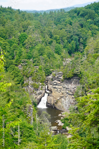 Linville Falls in North Carolina on the Blue Ridge Parkway. Spectacular three-tiered waterfall plunging into Linville Gorge  the    Grand Canyon of the Southern Appalachians.   