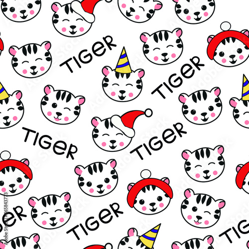 Tigers, cute, cartoon hand drawn vector seamless pattern isolated on bright background. Concept for wallpaper, cards, print