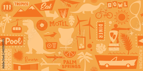 Palm Springs Repeating Pattern | Coachella Valley Landmarks Illustration | Mid Century Seamless  Wallpaper | Retro Vector Design