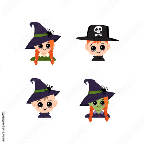 Set of girl, boy and baby with white and green skin, red hair, big eyes and wide happy smile in pointed witch hat with spider. Head of child with joyful face. Halloween party decoration