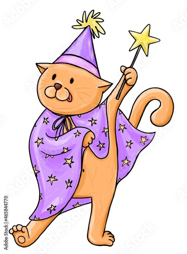 Funny cartoon cat playing with magic wand imagine himself a magician. Wizard Halloween costume. Purple mantle, hat, magic wand with the shape of a star. Illustration isolated on a white background.
