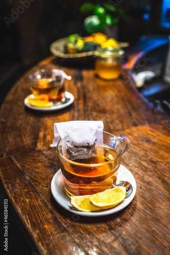 hot tea on wooden table at coffe shop