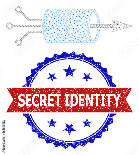 Secret Identity corroded stamp seal, and VPN integration icon triangular model. Red and blue bicolor seal has Secret Identity caption inside ribbon and rosette. Abstract flat mesh VPN integration,