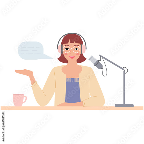 A nice young woman speaks into a microphone. A female is recording an audio podcast. Flat vector illustration.