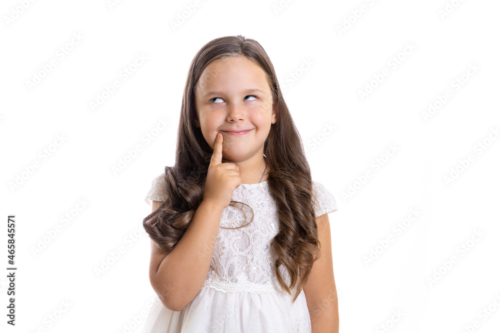 portrait of thoughtful, funny girl with rolled eyes, with long curls in white dress, isolated on white background with copy space. portrait of thoughtful, funny girl with rolled eyes, with long curls in white dress, isolated on white background with copy space.