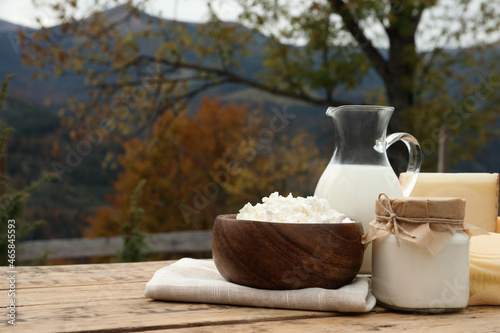 Tasty cottage cheese and other fresh dairy products on wooden table in mountains. Space for text