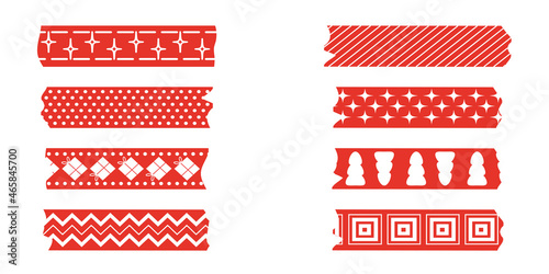 Set of ribbons, painting tapes Washi, scotch paper. Festive Christmas style ribbons in red, white. Elegant scotch tape for album decoration. Vector illustration for design,trees, gifts, snowflakes.