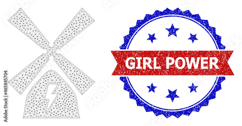 Girl Power textured stamp seal, and wind power plant icon mesh structure. Red and blue bicolored stamp seal includes Girl Power title inside ribbon and rosette. Abstract flat mesh wind power plant,