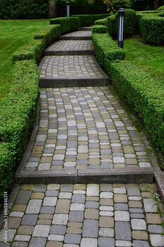 The stone-paved sidewalk meanders out into perspective between the hedge walls.