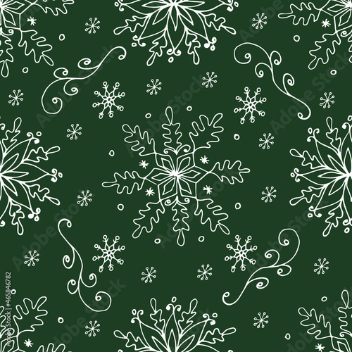 Hand-drawn seamless pattern with lacy snowflakes. Vector illustration with snowflakes outlines on a green background for wrapping paper, invitations, cards and fabric.