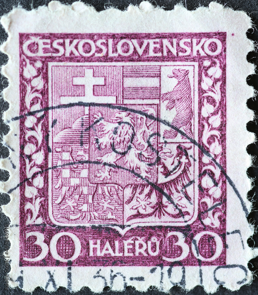 Czechoslovakia Circa 1929: A postage stamp printed in Czechoslovakia showing the Czechoslovakia Coat of Arms