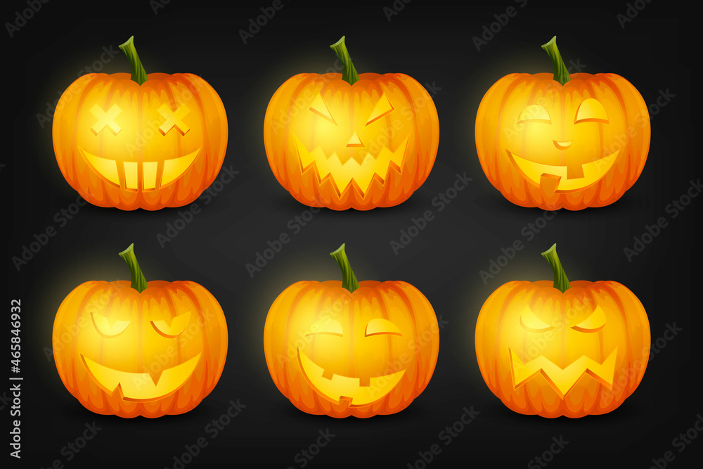 Vector Glossy Cartoon Halloween Pumkin Lantern with Funny Face Icon Set. Front View. Design Template of Realistic Pumkin Jack O Lantern. Autumn Holidays, Halloween Concept Vector Glossy Cartoon Halloween Pumkin Lantern with Funny Face Icon Set. Front View. Design Template of Realistic Pumkin Jack O Lantern. Autumn Holidays, Halloween Concept