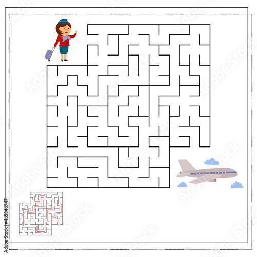 A logic game for children, go through a maze, a flight attendant and an airplane. vector isolated on a white background.