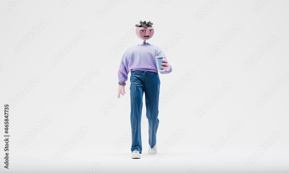 Awesome Travor goes happy with takeaway coffee cup. Concept of happiness. Highly detailed fashionable stylish abstract character isolated on white background. 3d rendering Awesome Travor goes happy with takeaway coffee cup. Concept of happiness. Highly detailed fashionable stylish abstract character isolated on white background. 3d rendering