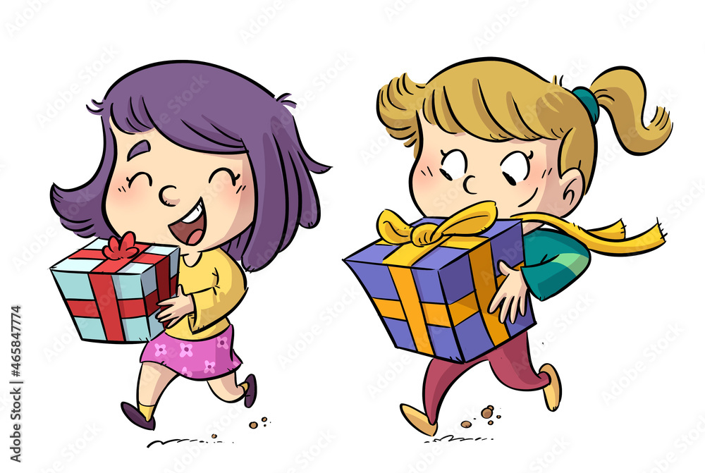 Illustration of two little girls with gifts in their hands Illustration of two little girls with gifts in their hands