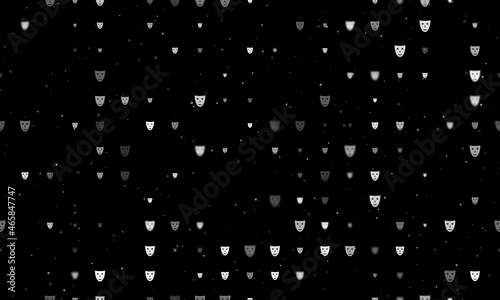 Seamless background pattern of evenly spaced white theatrical masks of different sizes and opacity. Vector illustration on black background with stars
