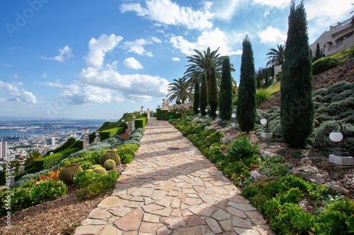Bahai Garden in Haifa On the steep slope of Mount Carmel. Wonderful views of the city and the Mediterranean Sea