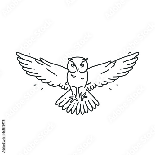Black vector hand-drawn outline silhouette. Isolated vector line art owl illustration on white background. Flying owl with spread wings. Tattoo, card, sticker concept.