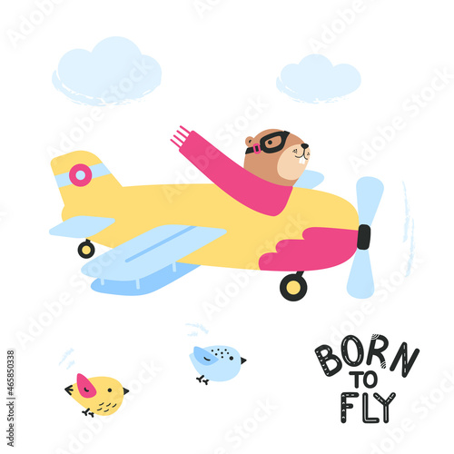 Cartoon beaver in retro airplane