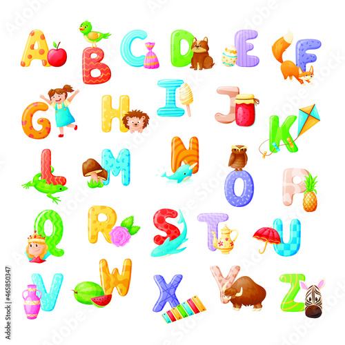 Vector collection of isolated cartoon letters of the English alphabet with colorful illustrations.