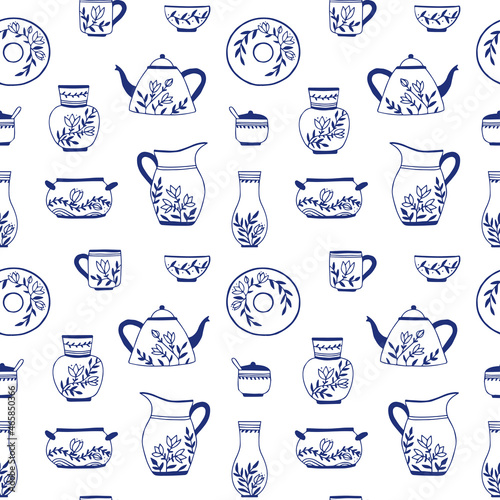 Seamless vector pattern of ceramic kitchenware. Monochrome set of tableware in hand drawn style. Crockery with blue gzhel ornament.
