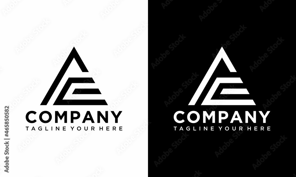 Logo design letters A and E. Triangle shape. Vector design template on a black and white background. Logo design letters A and E. Triangle shape. Vector design template on a black and white background.