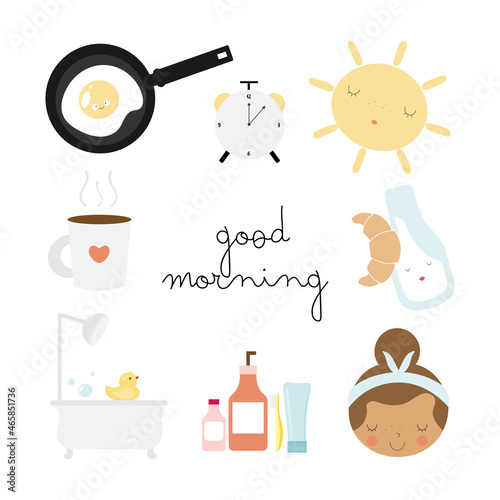 A set on the theme of the morning routine, including alarm clock, coffee, sun, eggs, bathroom, croissant, milk, care cosmetics. Vector illustration in cartoon style.