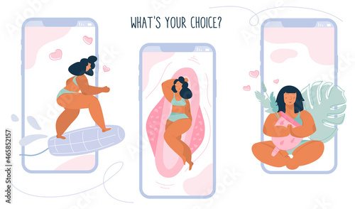 Concept vector set illustrations with body positive girls on tampon, sanitary pads and with menstrual cup. The menstrual period cycle or PMS is NORMAL